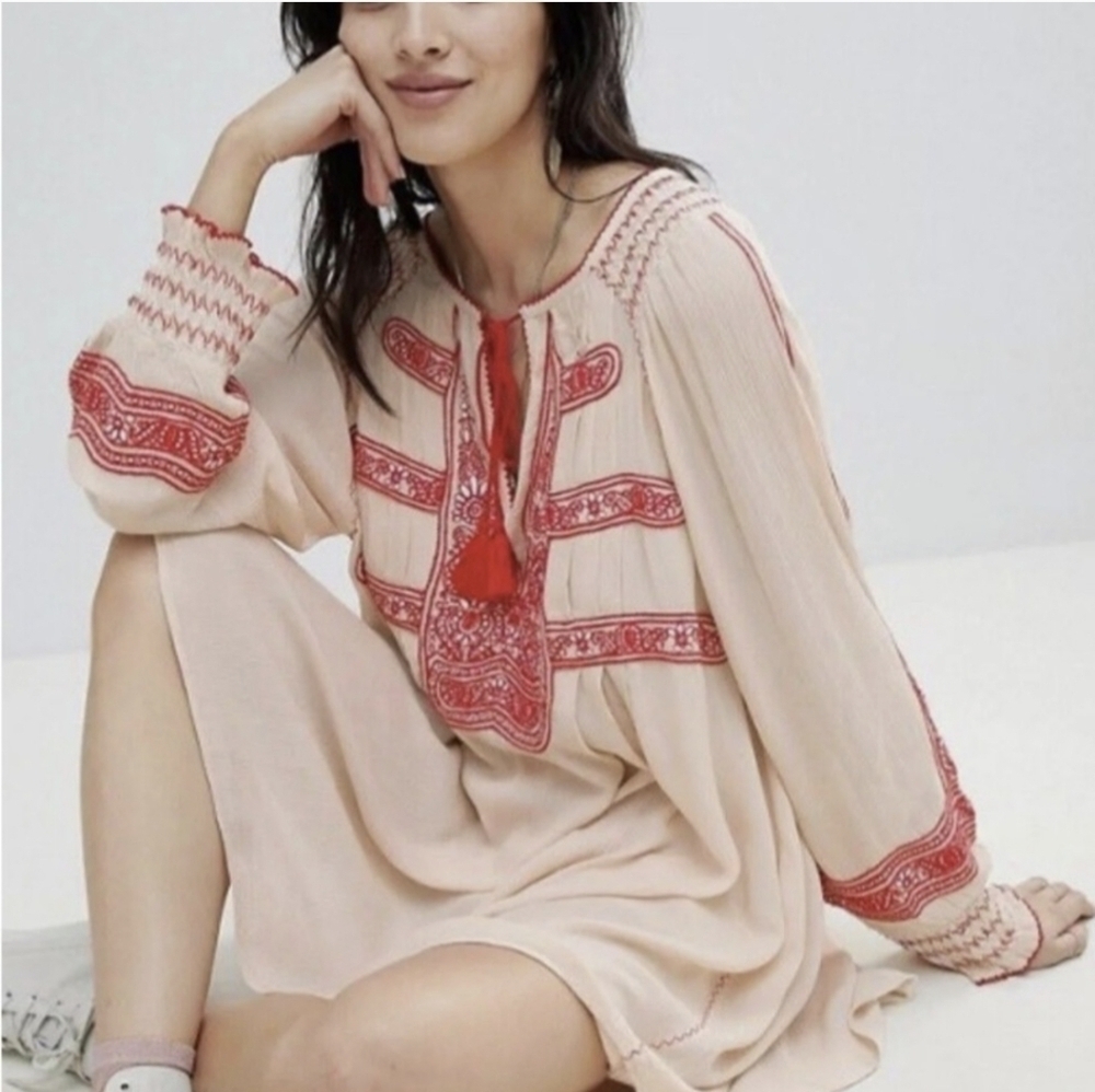 Free People Wind Willow Gauzey Split Neckline Embroidered Tunic Mini Dress(S) - Picture 4 of 10